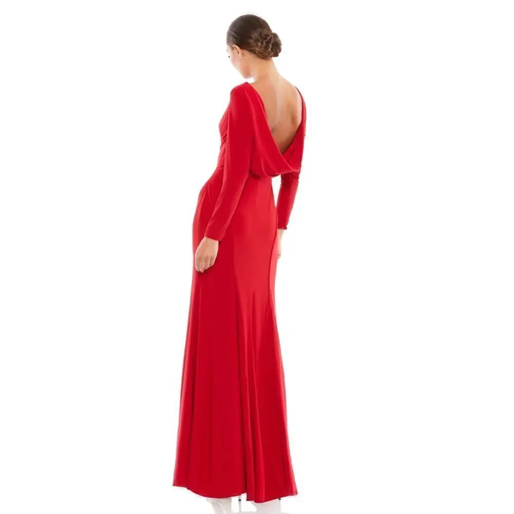 Ieena for Mac Duggal 25929 Dress Long Sleeve Cowl Back Jersey Gown NWT Red 10